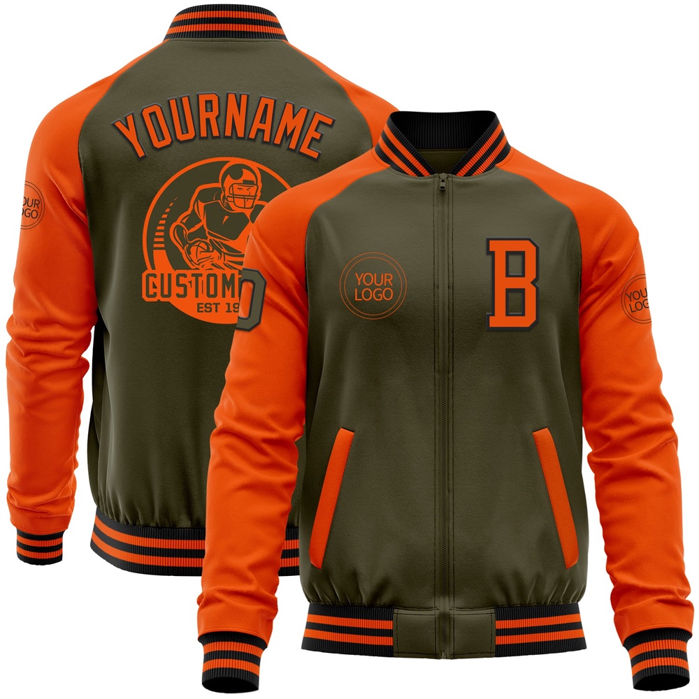 Custom Olive Black Orange Bomber Varsity Letterman Two Tone Salute To Service Zipper Jacket, Custom Team Jacket