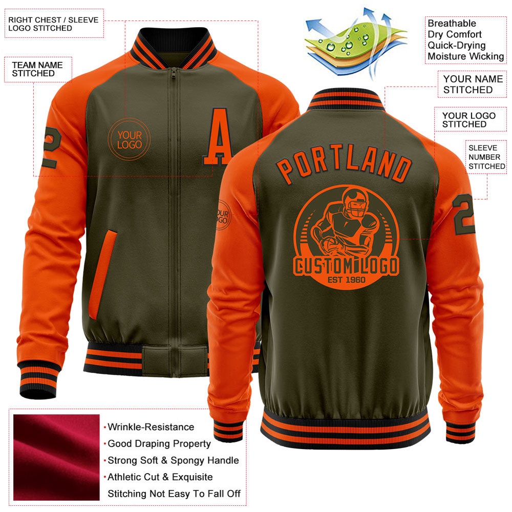 Custom Olive Black Orange Bomber Varsity Letterman Two Tone Salute To Service Zipper Jacket, Custom Team Jacket