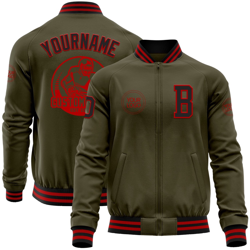 Custom Olive Black Red Bomber Varsity Letterman Salute To Service Zipper Jacket, Custom Team Jacket