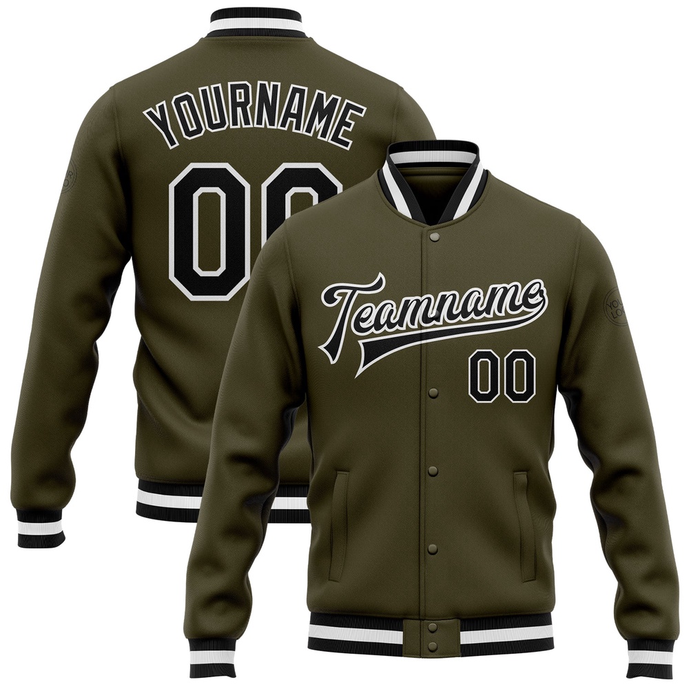 Custom Olive Black White Bomber Full Snap Varsity Letterman Salute To Service Jacket, Custom Team Jacket