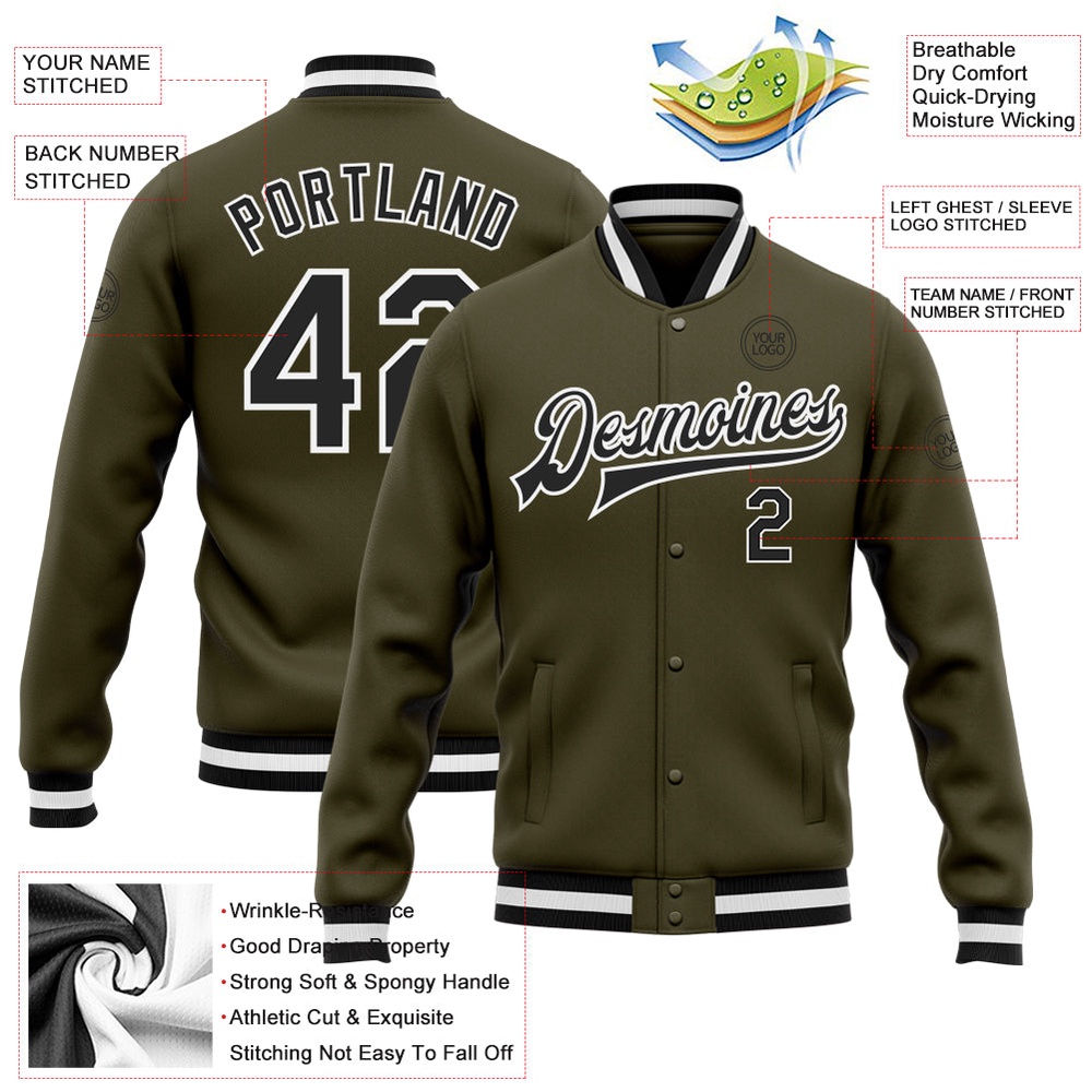 Custom Olive Black White Bomber Full Snap Varsity Letterman Salute To Service Jacket, Custom Team Jacket