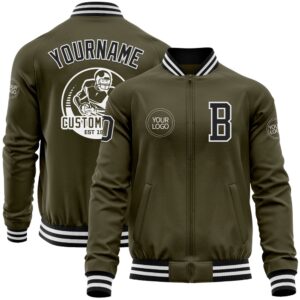 Custom Olive Black White Bomber Varsity Letterman…