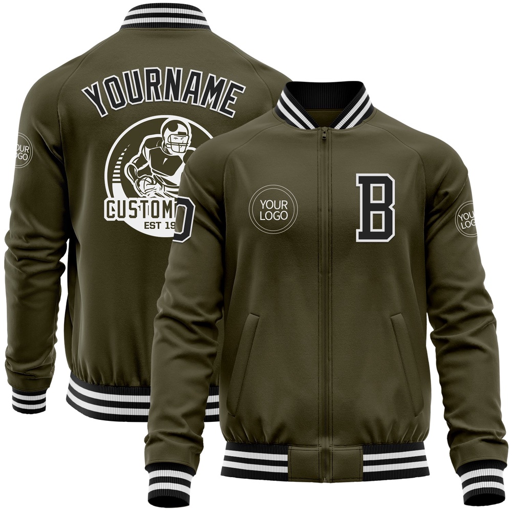 Custom Olive Black White Bomber Varsity Letterman Salute To Service Zipper Jacket, Custom Team Jacket