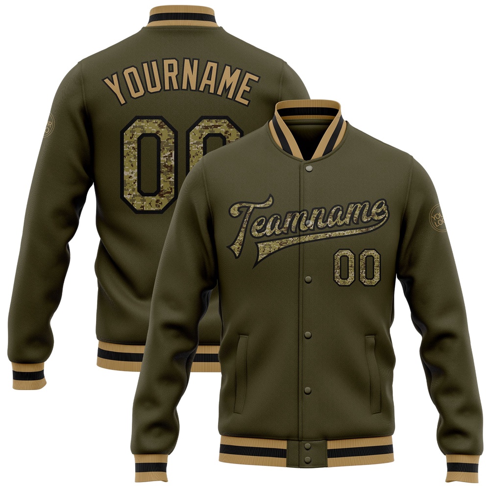 Custom Olive Camo Black Old Gold Bomber Full Snap Varsity Letterman Salute To Service Jacket, Custom Team Jacket Custom Olive Camo Black Old Gold Bomber Full Snap Varsity Letterman Salute To Service Jacket, Custom Team Jacket