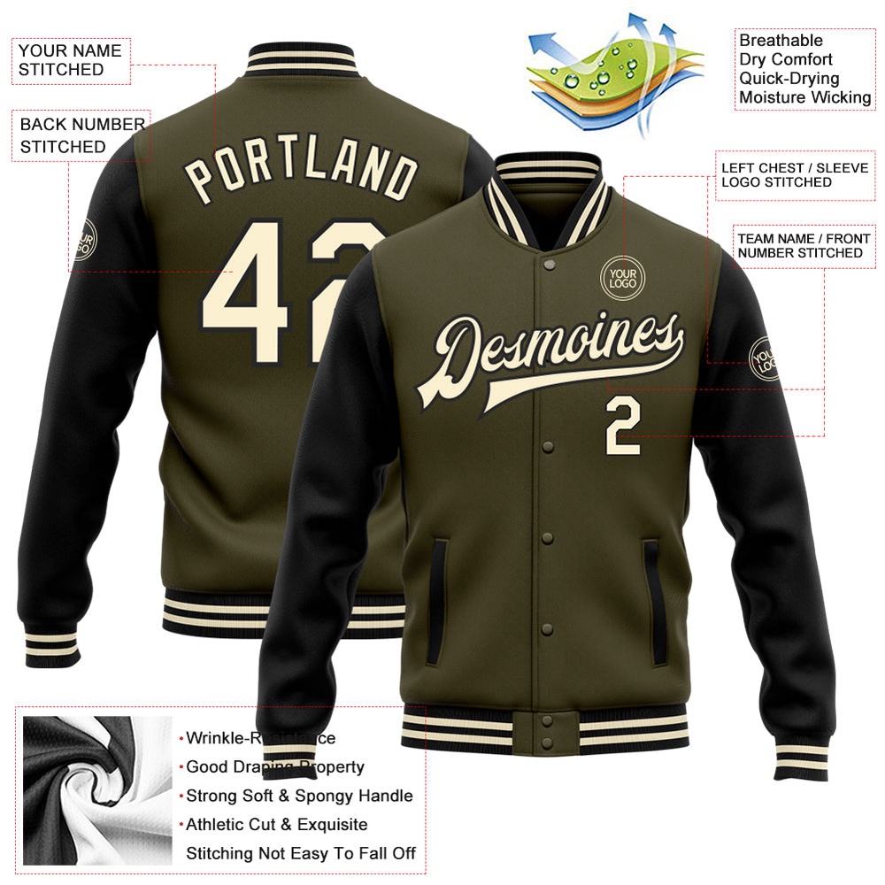 Custom Olive Cream Black Bomber Full Snap Varsity Letterman Two Tone Salute To Service Jacket, Custom Team Jacket