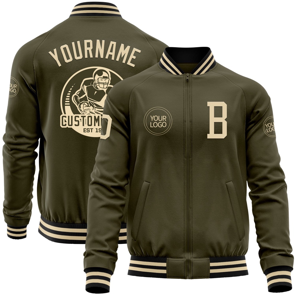 Custom Olive Cream Black Bomber Varsity Letterman Salute To Service Zipper Jacket, Custom Team Jacket