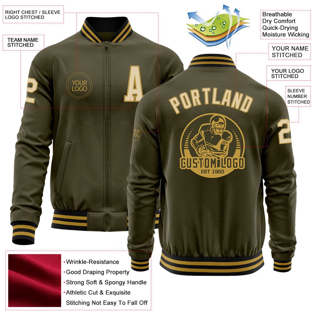 Custom Olive Cream Old Gold Black Bomber Varsity Letterman Salute To Service Zipper Jacket, Custom Team Jacket