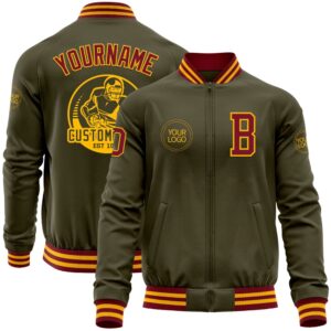 Custom Olive Crimson Gold Bomber Varsity Letterman…