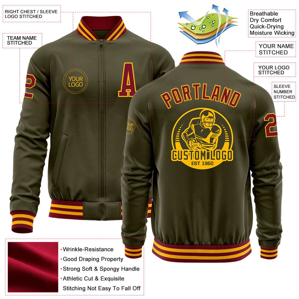 Custom Olive Crimson Gold Bomber Varsity Letterman Salute To Service Zipper Jacket, Custom Team Jacket