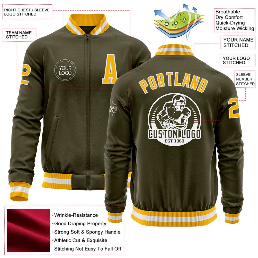 Custom Olive Gold White Bomber Varsity Letterman Salute To Service Zipper Jacket, Custom Team Jacket
