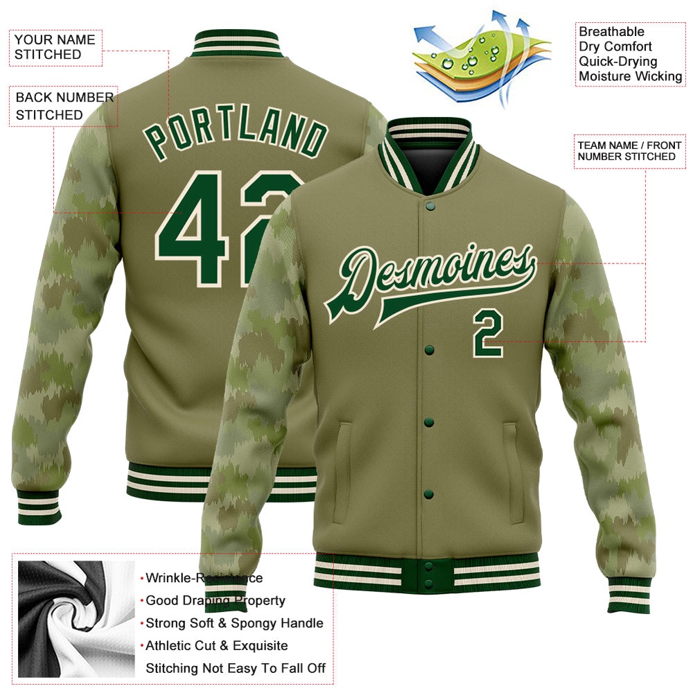 Custom Olive Green Cream Camo Sleeves 3D Pattern Design Bomber Full Snap Varsity Letterman Salute To Service Jacket, Custom Team Jacket