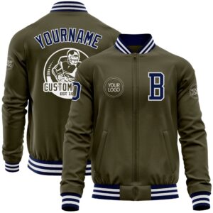 Custom Olive Navy White Bomber Varsity Letterman…