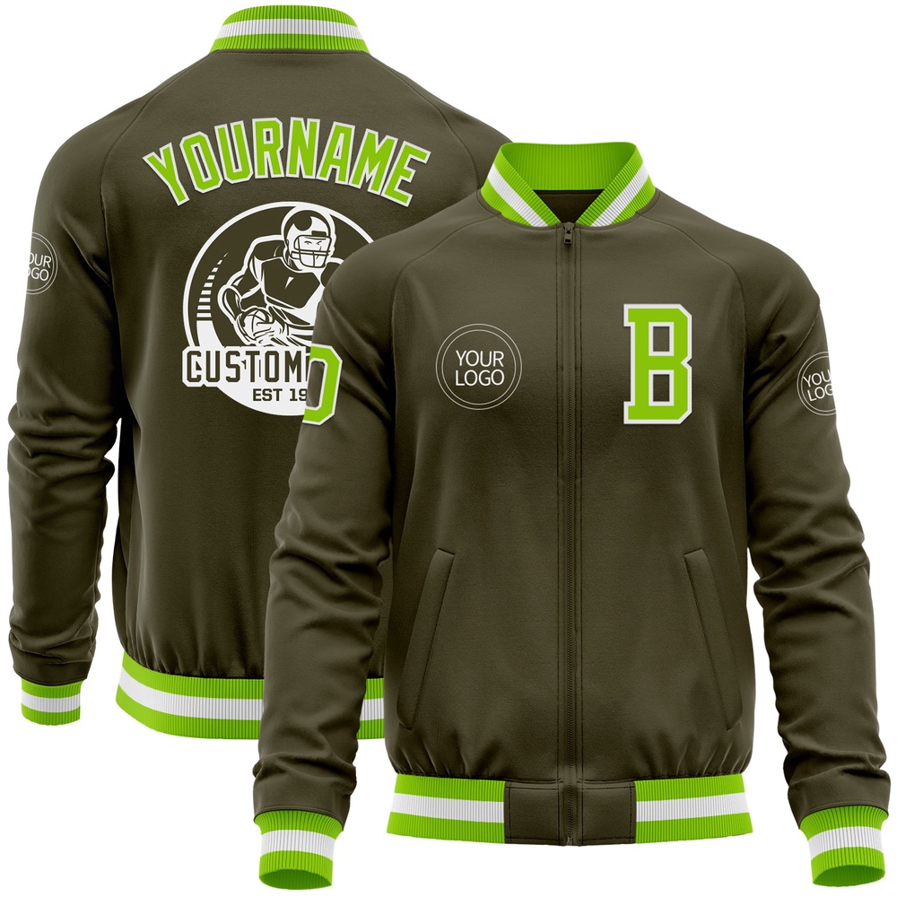 Custom Olive Neon Green White Bomber Varsity Letterman Salute To Service Zipper Jacket, Custom Team Jacket