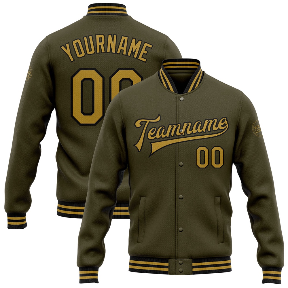 Custom Olive Old Gold Black Bomber Full Snap Varsity Letterman Salute To Service Jacket, Custom Team Jacket