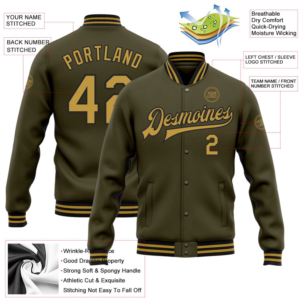 Custom Olive Old Gold Black Bomber Full Snap Varsity Letterman Salute To Service Jacket, Custom Team Jacket