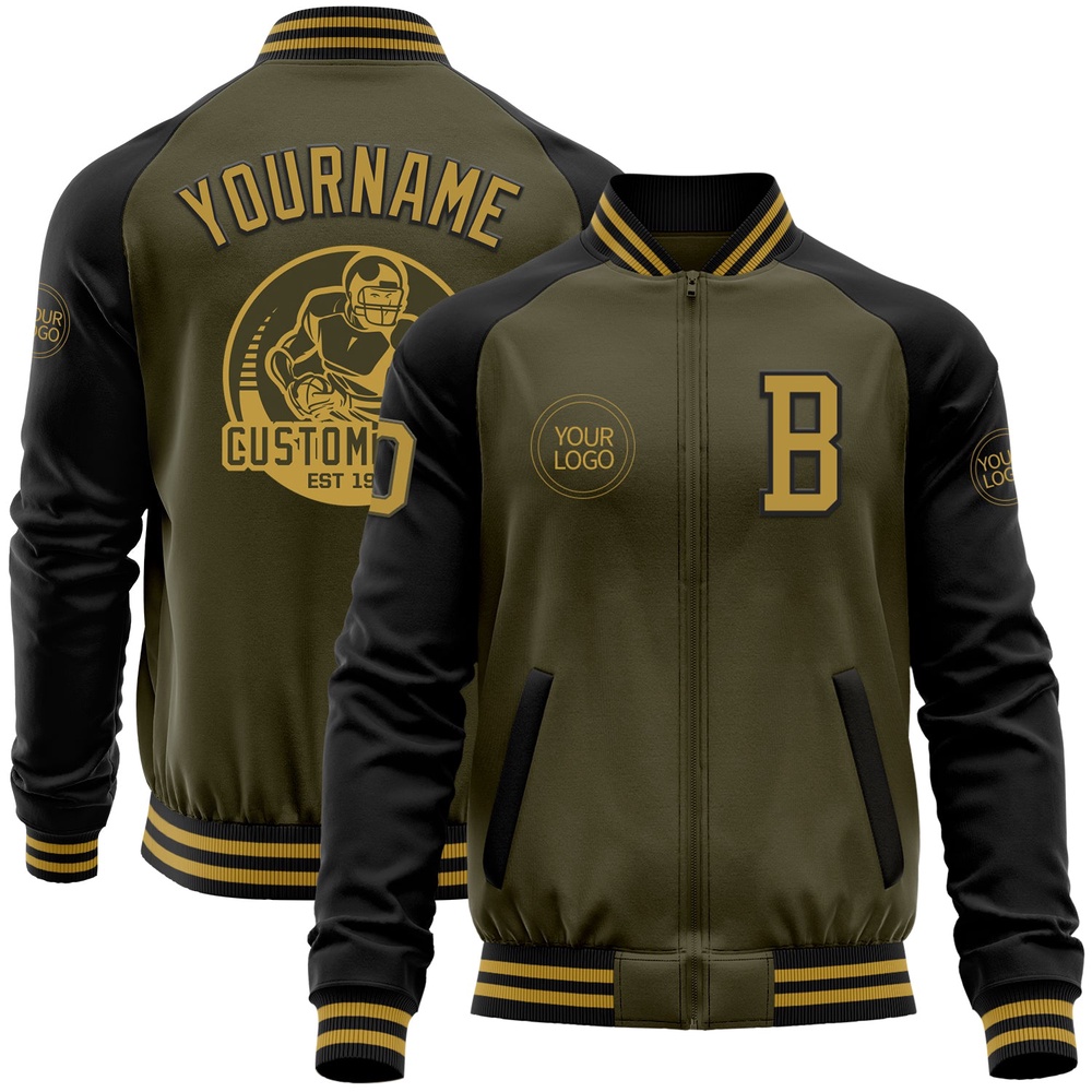 Custom Olive Old Gold Black Bomber Varsity Letterman Two Tone Salute To Service Zipper Jacket, Custom Team Jacket
