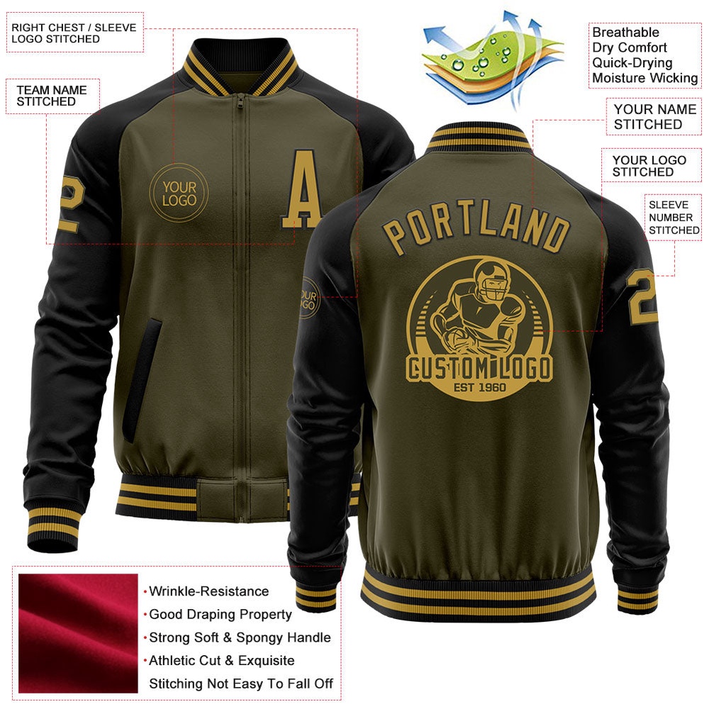 Custom Olive Old Gold Black Bomber Varsity Letterman Two Tone Salute To Service Zipper Jacket, Custom Team Jacket