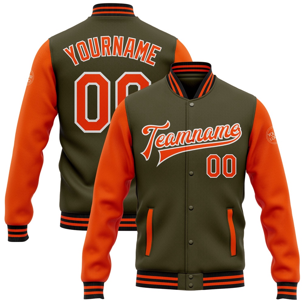 Custom Olive Orange Black Bomber Full Snap Varsity Letterman Two Tone Salute To Service Jacket, Custom Team Jacket