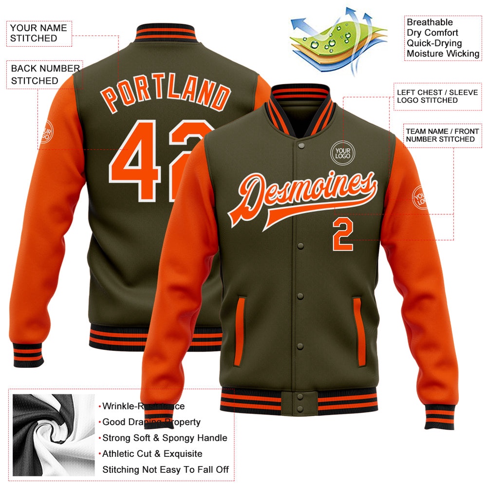 Custom Olive Orange Black Bomber Full Snap Varsity Letterman Two Tone Salute To Service Jacket, Custom Team Jacket