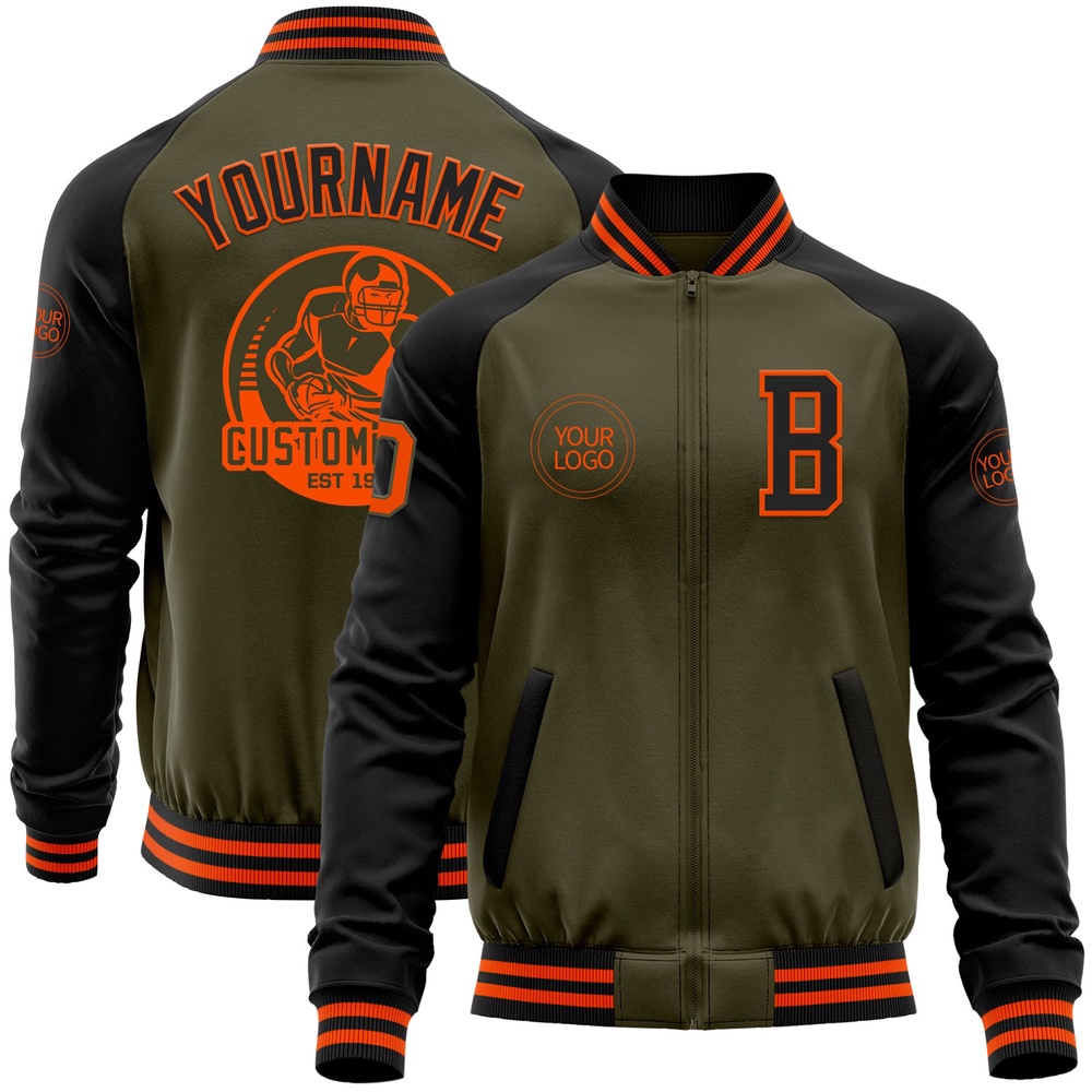 Custom Olive Orange Black Bomber Varsity Letterman Two Tone Salute To Service Zipper Jacket, Custom Team Jacket