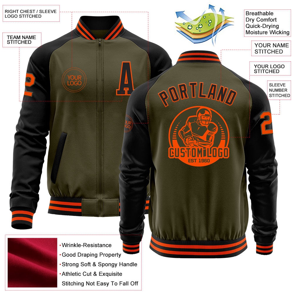 Custom Olive Orange Black Bomber Varsity Letterman Two Tone Salute To Service Zipper Jacket, Custom Team Jacket