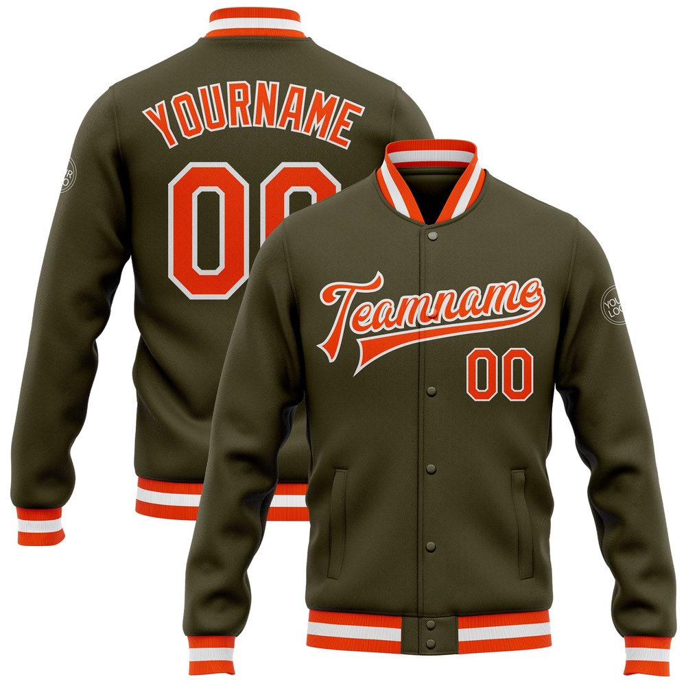 Custom Olive Orange White Bomber Full Snap Varsity Letterman Salute To Service Jacket, Custom Team Jacket