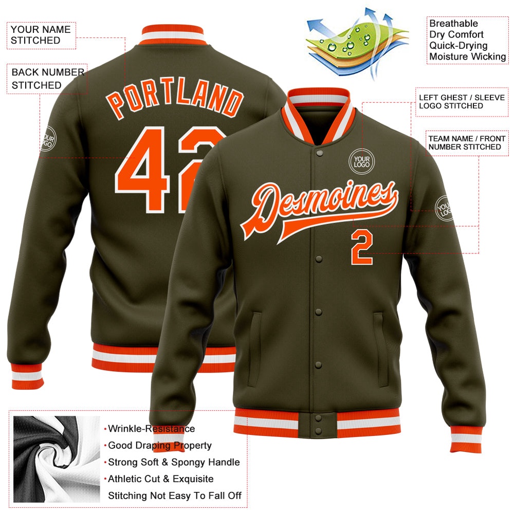 Custom Olive Orange White Bomber Full Snap Varsity Letterman Salute To Service Jacket, Custom Team Jacket