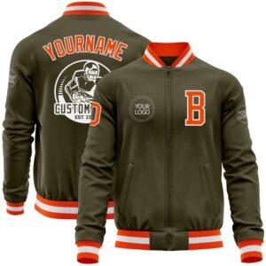 Custom Olive Orange White Bomber Varsity Letterman…