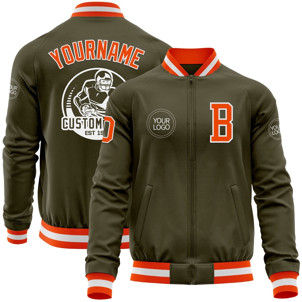 Custom Olive Orange White Bomber Varsity Letterman Salute To Service Zipper Jacket, Custom Team Jacket