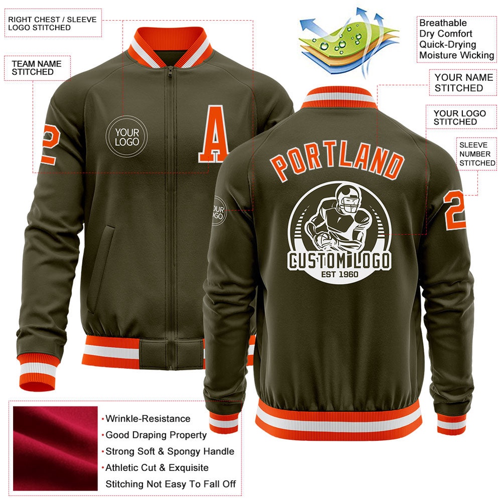 Custom Olive Orange White Bomber Varsity Letterman Salute To Service Zipper Jacket, Custom Team Jacket