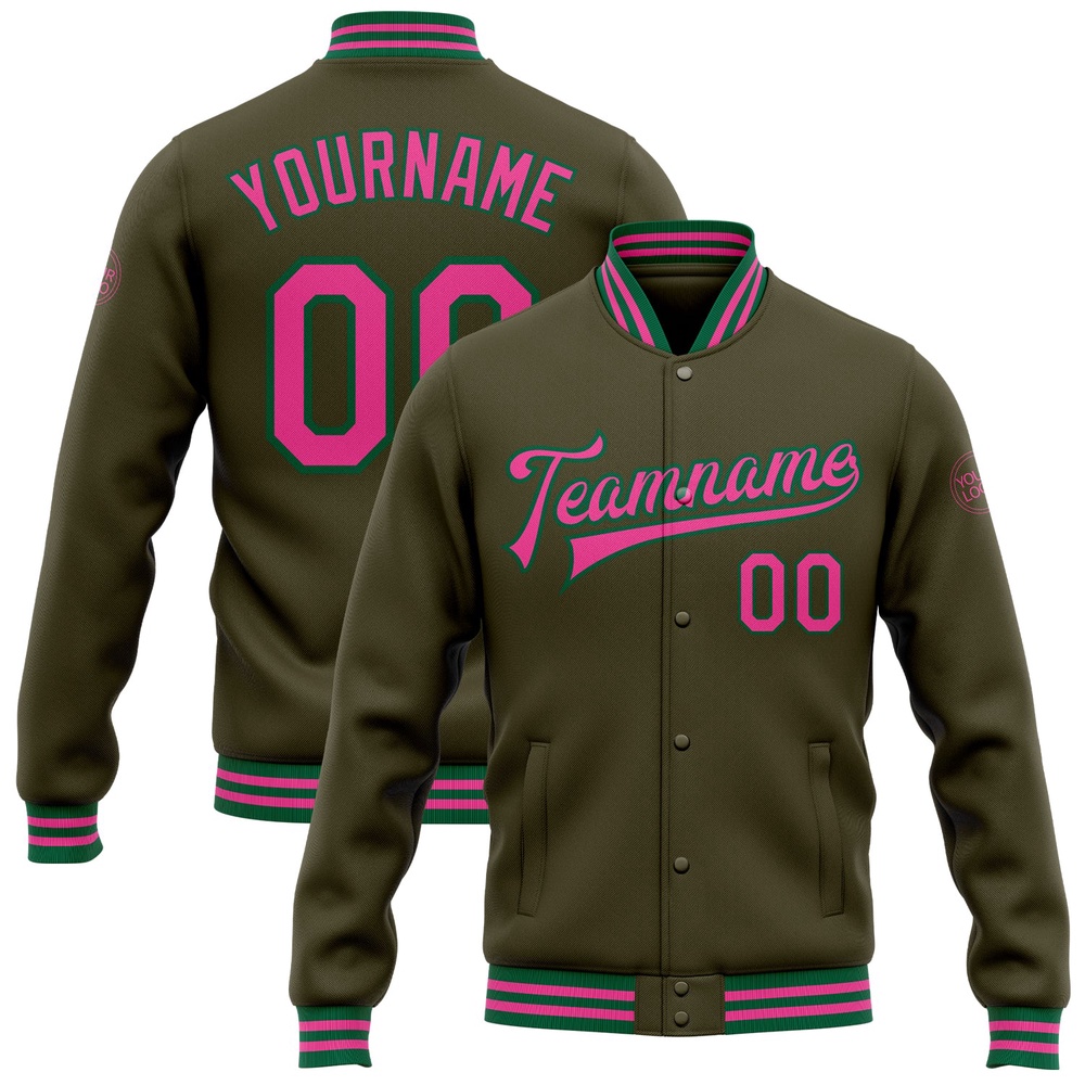 Custom Olive Pink Kelly Green Bomber Full Snap Varsity Letterman Salute To Service Jacket, Custom Team Jacket Custom Olive Pink Kelly Green Bomber Full Snap Varsity Letterman Salute To Service Jacket, Custom Team Jacket