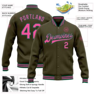 Custom Olive Pink Kelly Green Bomber Full Snap Varsity Letterman Salute To Service Jacket Custom Team Jacket 2 nsjy6p.jpg