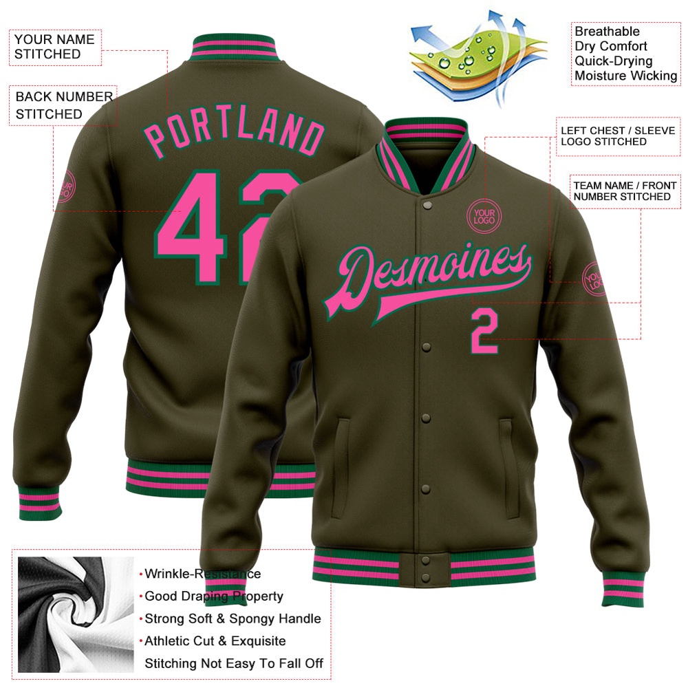 Custom Olive Pink Kelly Green Bomber Full Snap Varsity Letterman Salute To Service Jacket, Custom Team Jacket Custom Olive Pink Kelly Green Bomber Full Snap Varsity Letterman Salute To Service Jacket, Custom Team Jacket