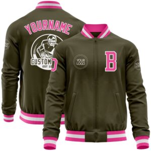 Custom Olive Pink White Bomber Varsity Letterman…