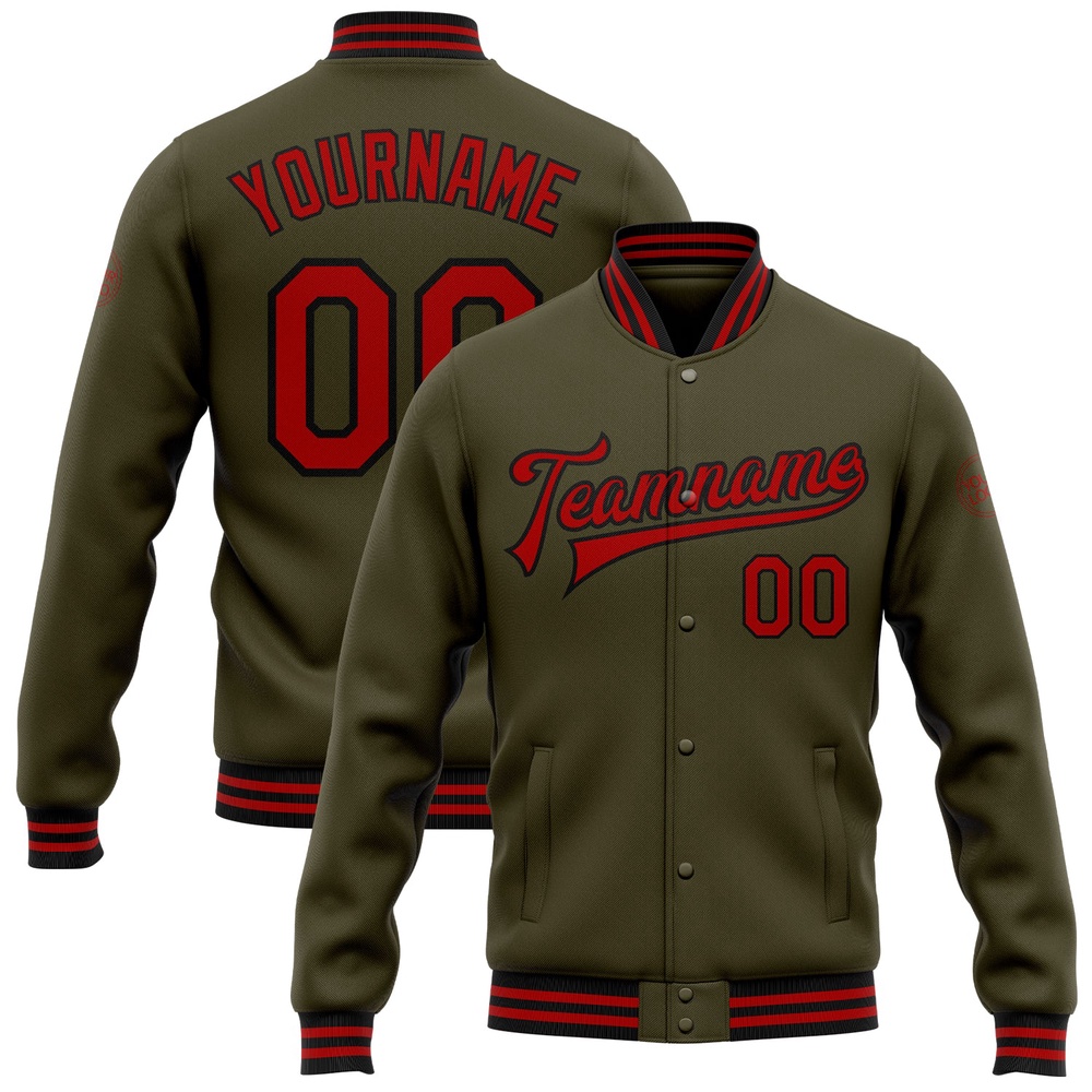Custom Olive Red Black Bomber Full Snap Varsity Letterman Salute To Service Jacket, Custom Team Jacket