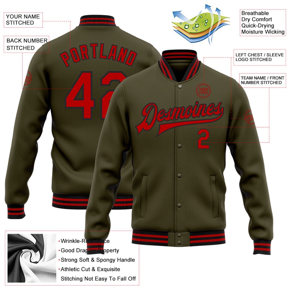 Custom Olive Red Black Bomber Full Snap Varsity Letterman Salute To Service Jacket, Custom Team Jacket