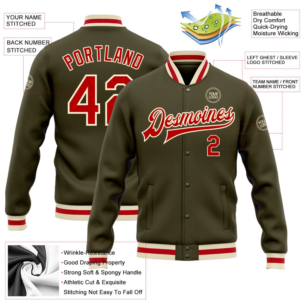 Custom Olive Red Cream Bomber Full Snap Varsity Letterman Salute To Service Jacket, Custom Team Jacket