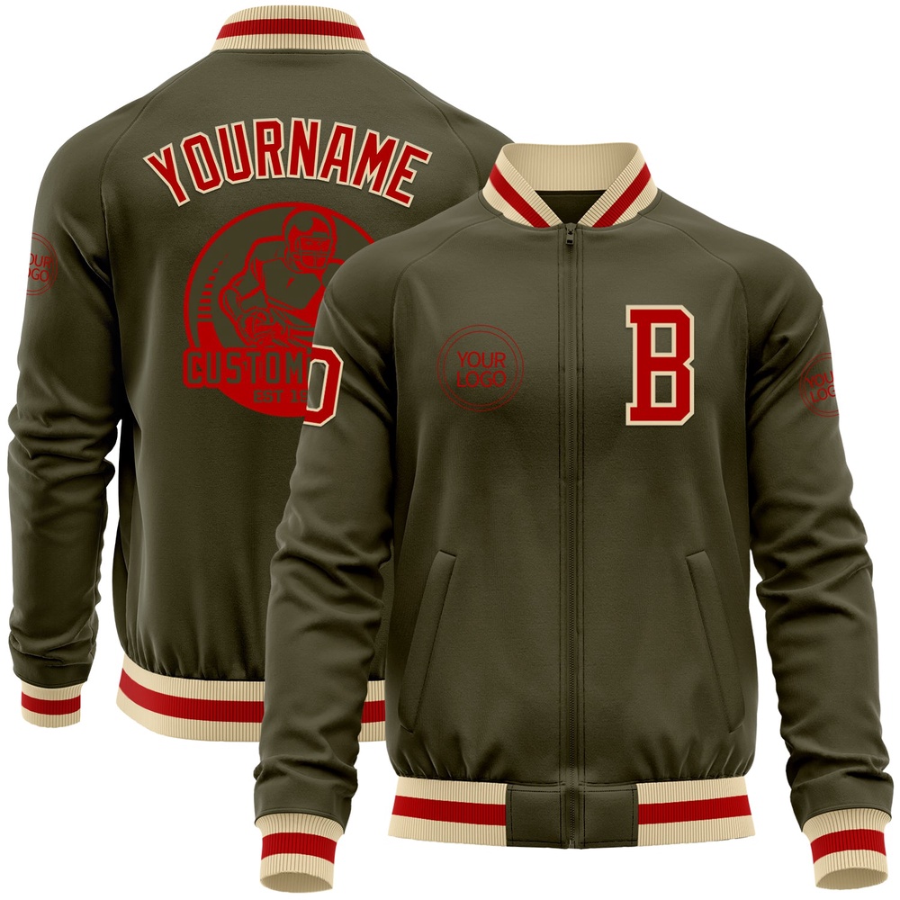 Custom Olive Red Cream Bomber Varsity Letterman Salute To Service Zipper Jacket, Custom Team Jacket