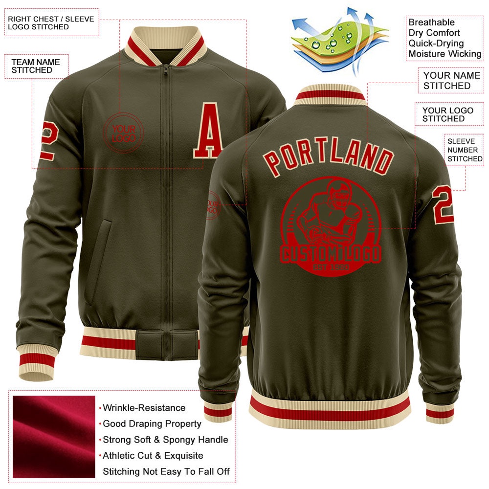 Custom Olive Red Cream Bomber Varsity Letterman Salute To Service Zipper Jacket, Custom Team Jacket