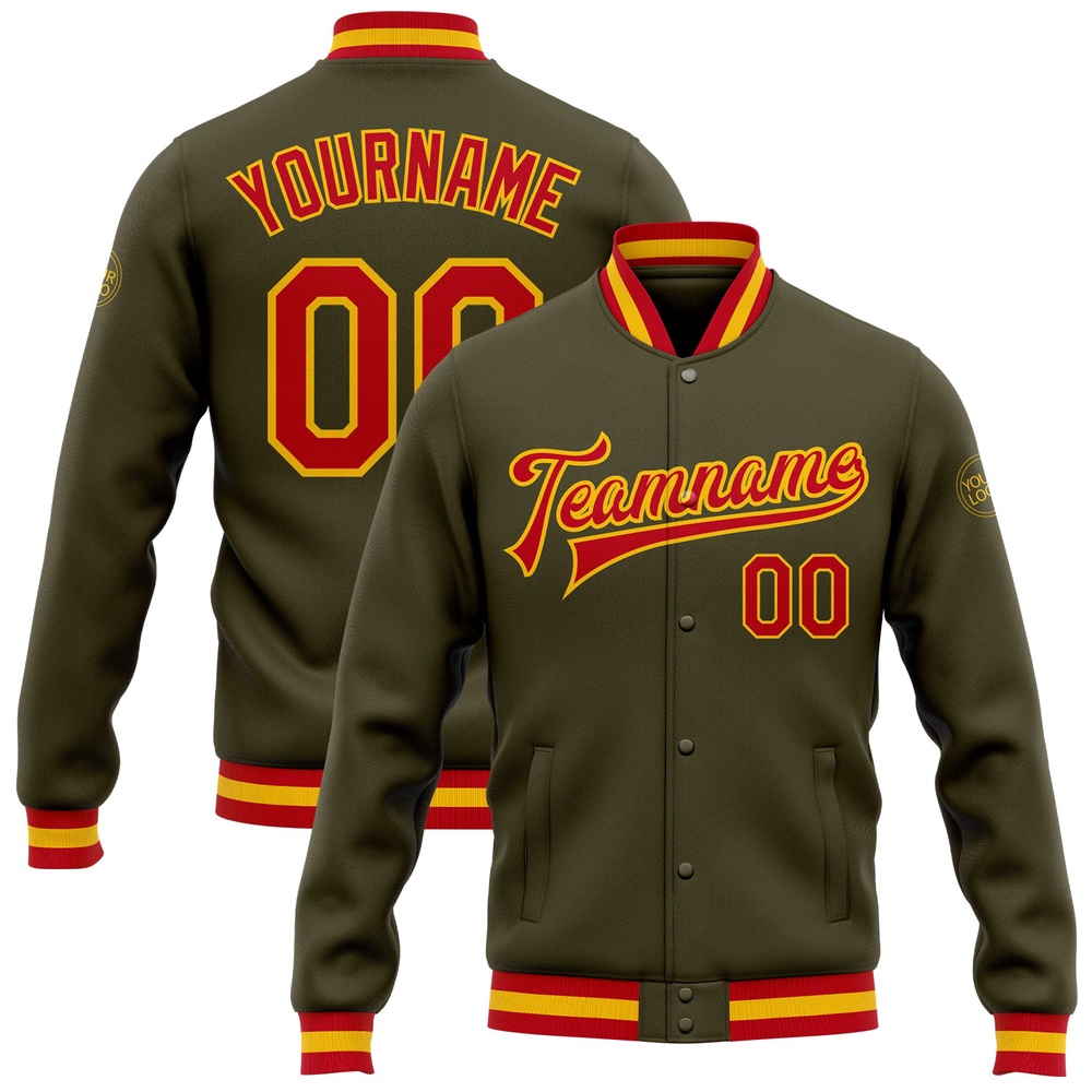 Custom Olive Red Gold Bomber Full Snap Varsity Letterman Salute To Service Jacket, Custom Team Jacket