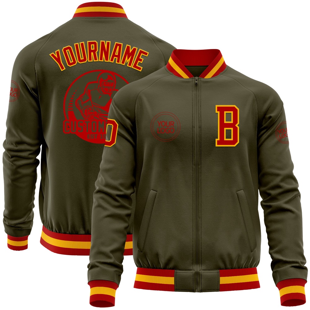 Custom Olive Red Gold Bomber Varsity Letterman Salute To Service Zipper Jacket, Custom Team Jacket