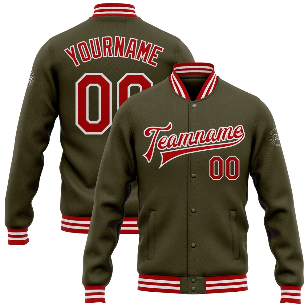 Custom Olive Red White Bomber Full Snap Varsity Letterman Salute To Service Jacket, Custom Team Jacket