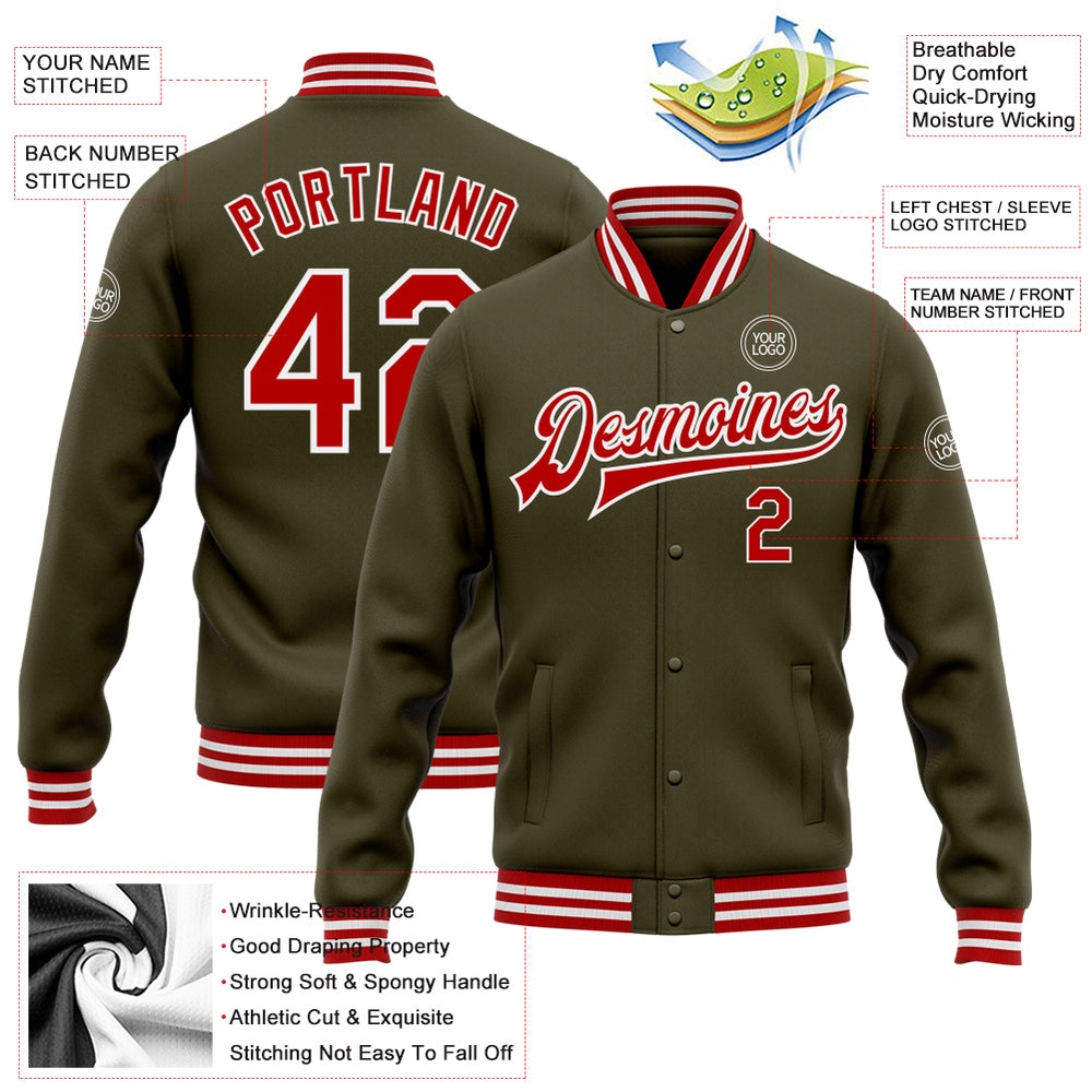 Custom Olive Red White Bomber Full Snap Varsity Letterman Salute To Service Jacket, Custom Team Jacket