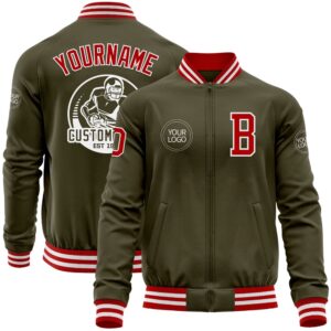 Custom Olive Red White Bomber Varsity Letterman…