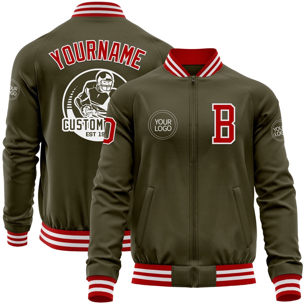 Custom Olive Red White Bomber Varsity Letterman Salute To Service Zipper Jacket, Custom Team Jacket