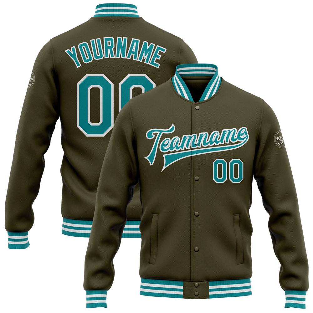 Custom Olive Teal White Bomber Full Snap Varsity Letterman Salute To Service Jacket, Custom Team Jacket Custom Olive Teal White Bomber Full Snap Varsity Letterman Salute To Service Jacket, Custom Team Jacket