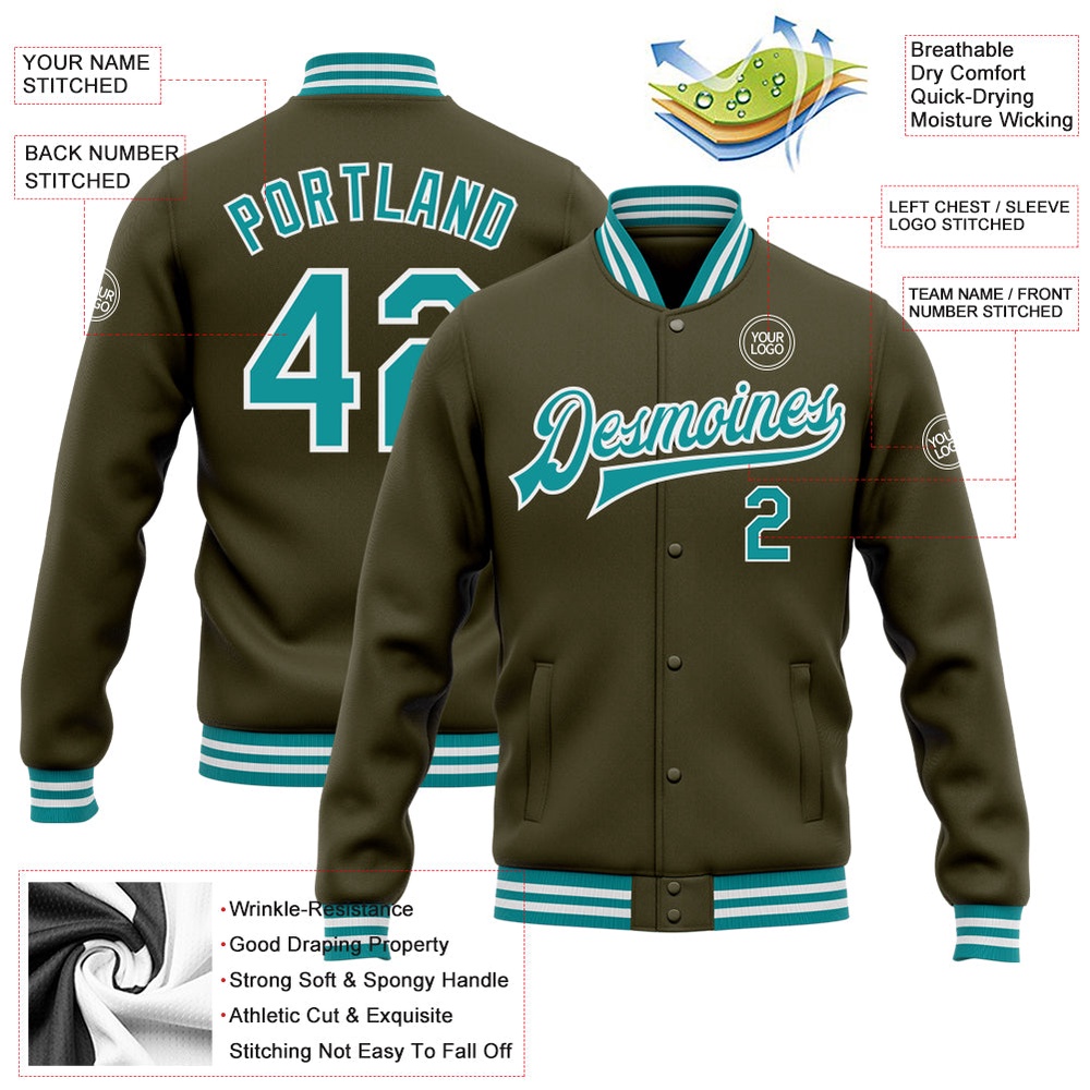 Custom Olive Teal White Bomber Full Snap Varsity Letterman Salute To Service Jacket, Custom Team Jacket Custom Olive Teal White Bomber Full Snap Varsity Letterman Salute To Service Jacket, Custom Team Jacket