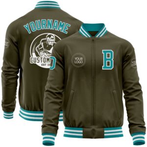 Custom Olive Teal White Bomber Varsity Letterman…