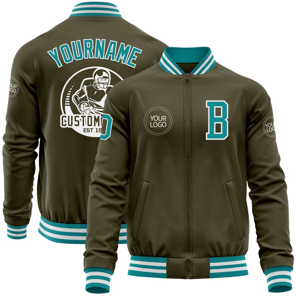 Custom Olive Teal White Bomber Varsity Letterman Salute To Service Zipper Jacket, Custom Team Jacket Custom Olive Teal White Bomber Varsity Letterman Salute To Service Zipper Jacket, Custom Team Jacket