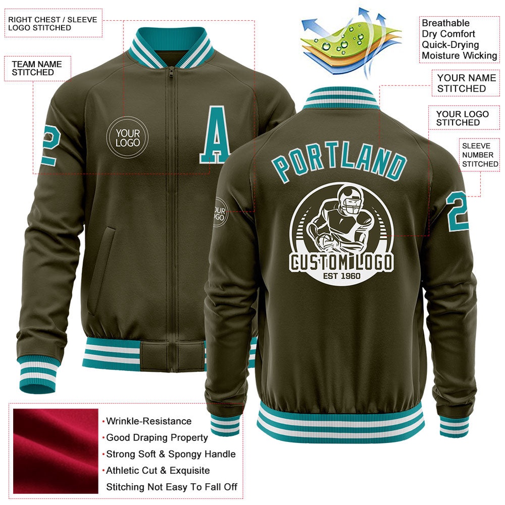 Custom Olive Teal White Bomber Varsity Letterman Salute To Service Zipper Jacket, Custom Team Jacket Custom Olive Teal White Bomber Varsity Letterman Salute To Service Zipper Jacket, Custom Team Jacket
